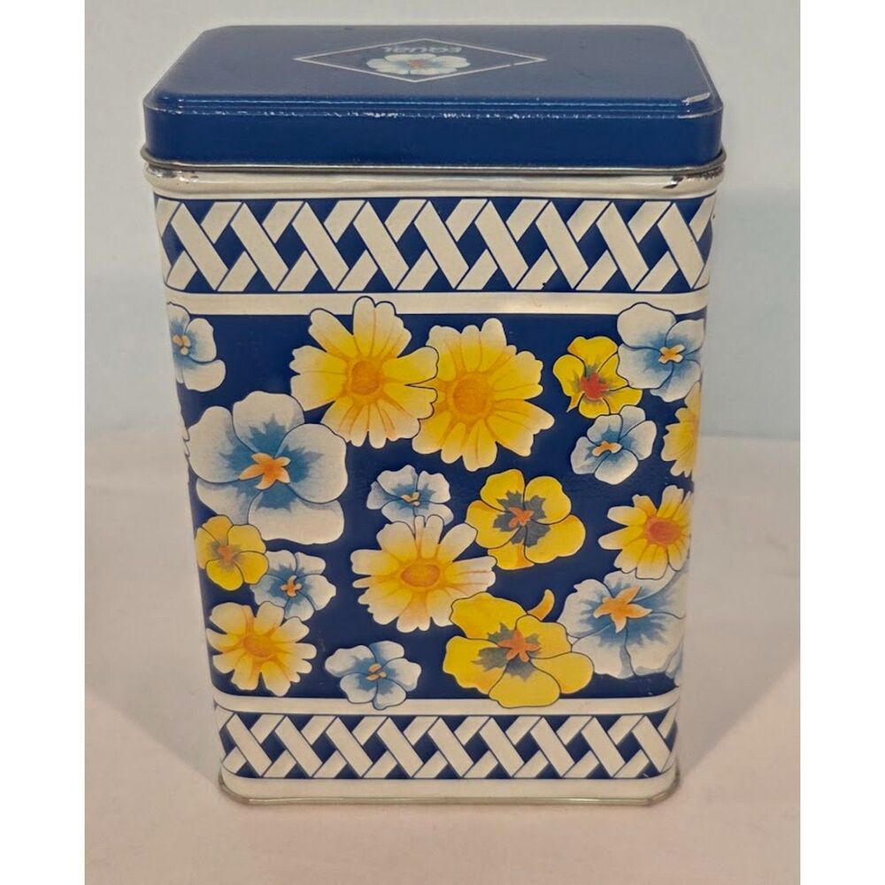 Vintage Equal Blue Floral Tin Canister Storage Box